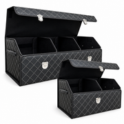 Organizator portbagaj auto Premium NextWave®️, Multifunctional, Pliabil, Rezistent, Manere Laterale, Prindere cu catarame, 1/2/3 compartimente, alb negru