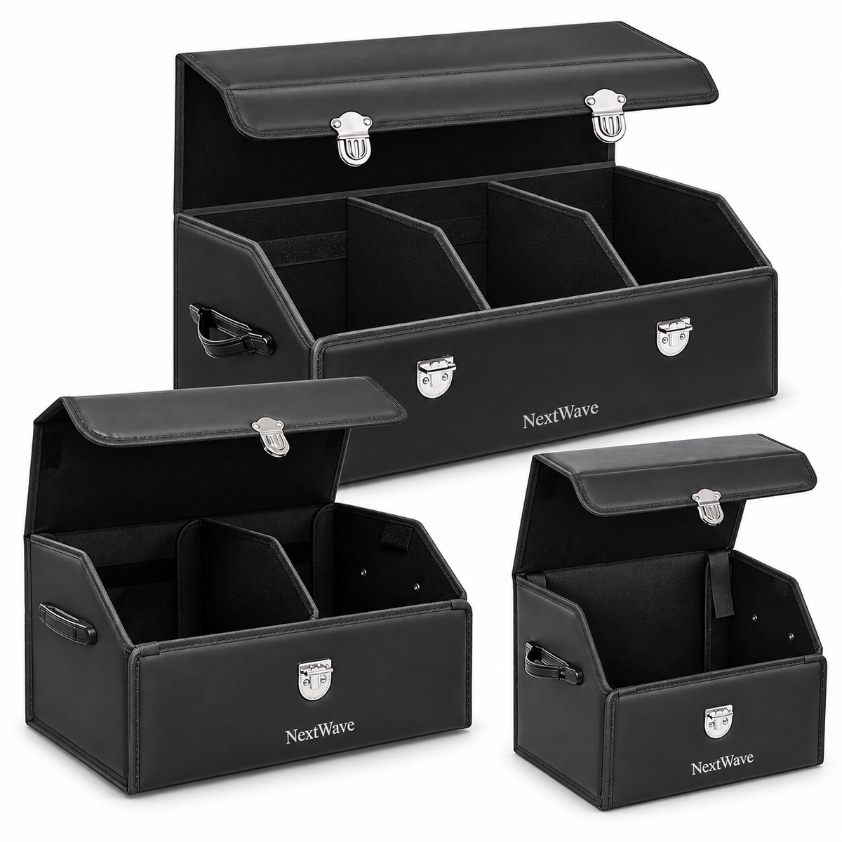 Organizator portbagaj auto Premium NextWave®️, Multifunctional, Pliabil, Rezistent, Manere Laterale, Prindere cu catarame, 3 compartimente mari, 75x31x30 cm