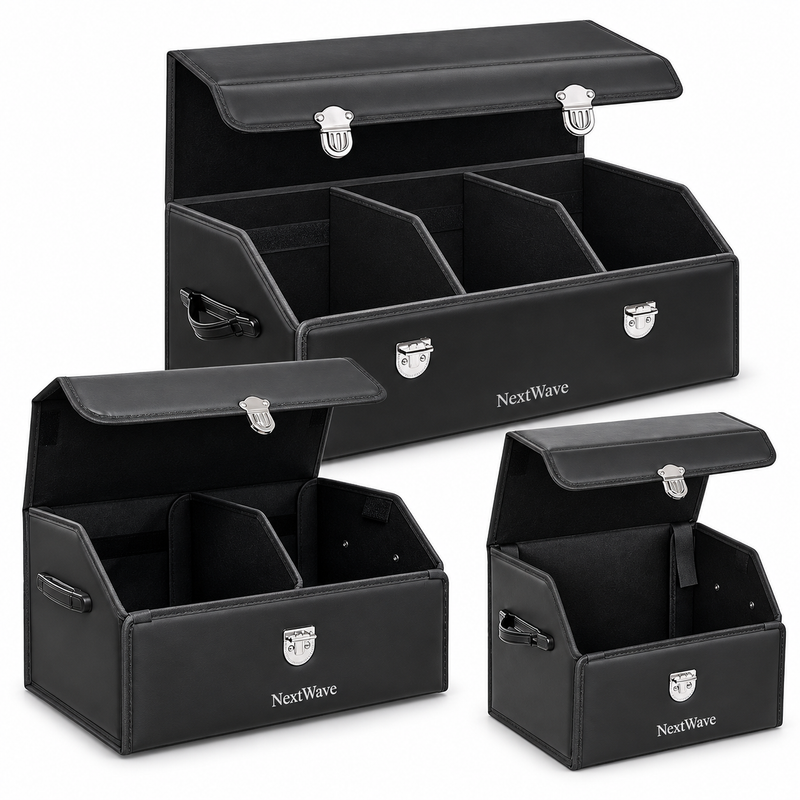 Organizator portbagaj auto Premium NextWave®️, Multifunctional, Pliabil, Rezistent, Manere Laterale, Prindere cu catarame, 3 compartimente mari, 75x31x30 cm