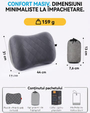 Perna gonflabila de camping NextWave®️, suport cervical ergonomic, supapa One-Click de umflare rapida, banda elastica anti-alunecare, husa detasabila si lavabila din bumbac, camera etansa TPU, pentru drumetii si calatorii, 44x31 cm, 159 g, Gri