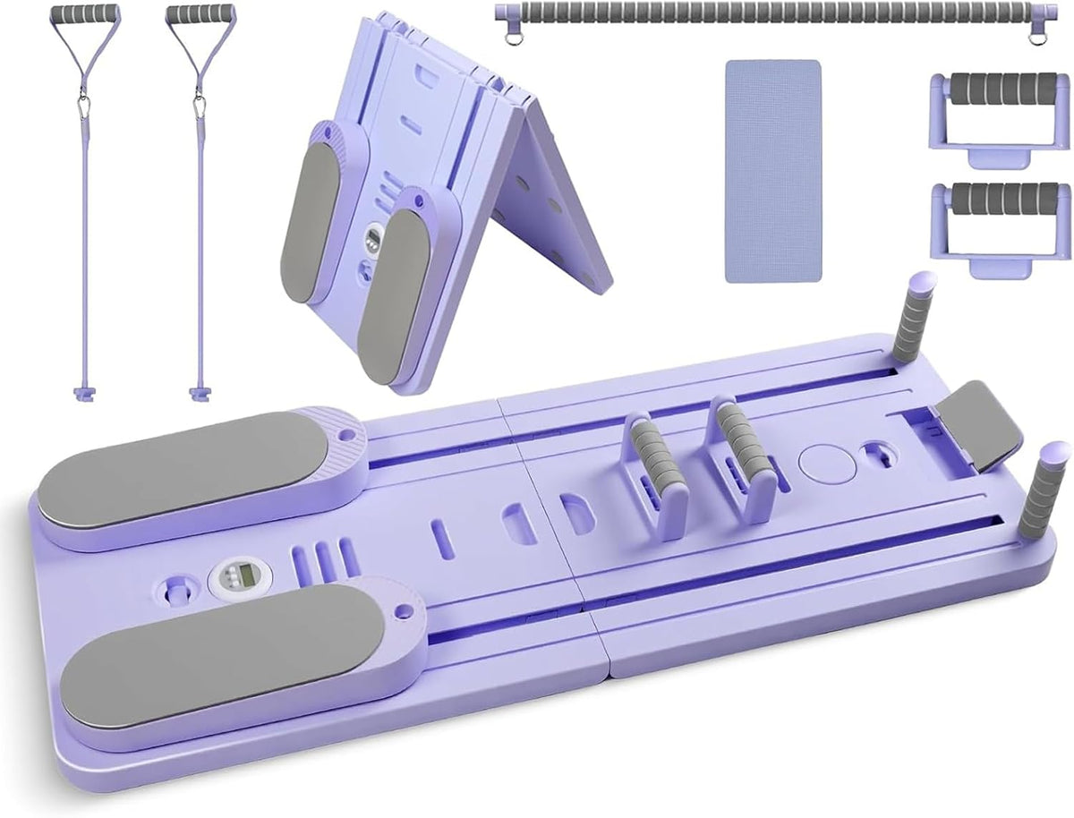 Placa de Pilates multifunctionala NextWave®️, reformer pliabila pentru antrenamentul complet al corpului acasa, benzi elastice de rezistenta, sistem revenire automata, suporturi reglabile 0-180°, din polipropilena durabila, sarcina 155 kg, Mov