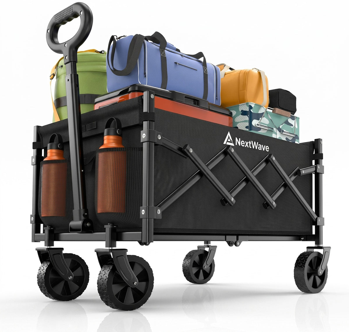 Carucior pliabil utilitar NextWave®️, capacitate mare de incarcare 99, 8 kg, roti pivotante la 360° pentru orice teren, maner telescopic reglabil, cadru din otel carbon si panza Oxford 300D, turistic pentru camping, plaja si gradina, 69x42x45, Negru