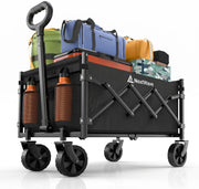Carucior pliabil utilitar NextWave®️, capacitate mare de incarcare 99, 8 kg, roti pivotante la 360° pentru orice teren, maner telescopic reglabil, cadru din otel carbon si panza Oxford 300D, turistic pentru camping, plaja si gradina, 69x42x45, Negru