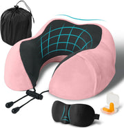Perna de calatorie pentru gat NextWave®, suport ergonomic 360° pentru cap si barbie, catarama reglabila, include masca de ochi, dopuri urechi si geanta, din spuma cu memorie si catifea respirabila, pentru avion, tren si masina