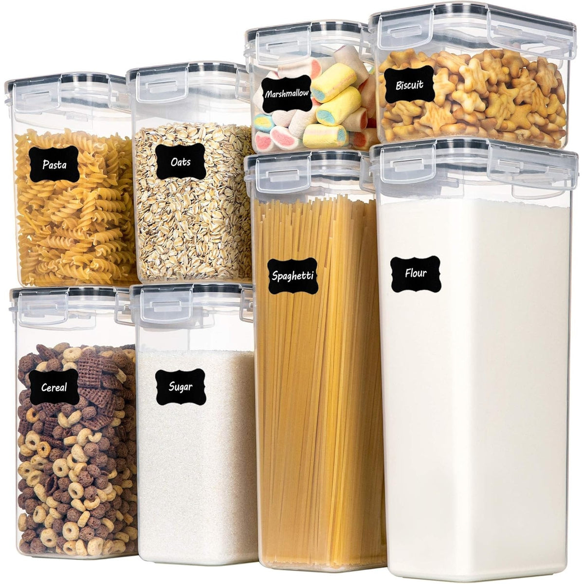 Set 8 cutii depozitare alimente NextWave® – plastic alimentar transparent fara BPA, inchidere ermetica cu garnitura de silicon, stivuibile si reutilizabile, ideale pentru cereale, faina, zahar, orez, paste si alte alimente uscate