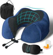Perna de calatorie pentru gat NextWave®, suport ergonomic 360° pentru cap si barbie, catarama reglabila, include masca de ochi, dopuri urechi si geanta, din spuma cu memorie si catifea respirabila, pentru avion, tren si masina