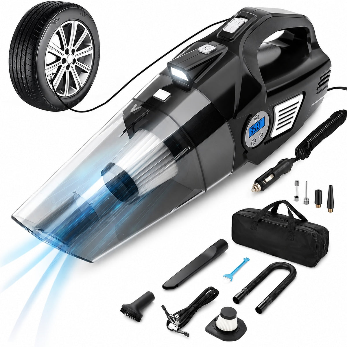 Aspirator Auto Multifunctional NextWave si Compresor Portabil cu Fir, Aspirare Rapida, Umflare Anvelope cu Afisaj pentru Presiune, Lumina LED, Incarcare Priza Auto, Filtru Dublu Lavabil si Reutilizabil, Negru