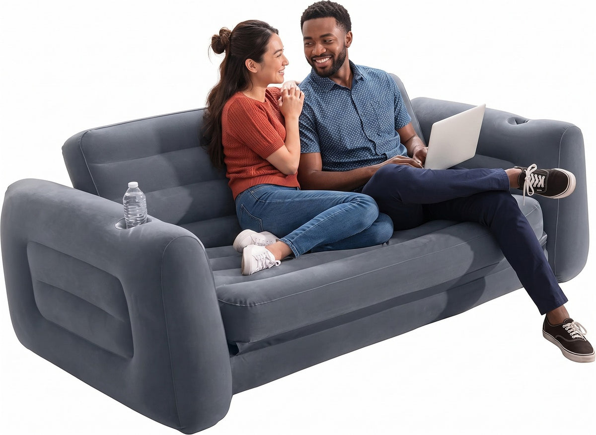 Canapea gonflabila extensibila NextWave®, fotoliu dublu 2 in 1, spatar ergonomic cu sustinere lombara, supapa 2 in 1 pentru umflare rapida, din PVC impermeabil cu suprafata plusata, ideala pentru living si camping, 2 persoane, 203 x 110 x 66 cm