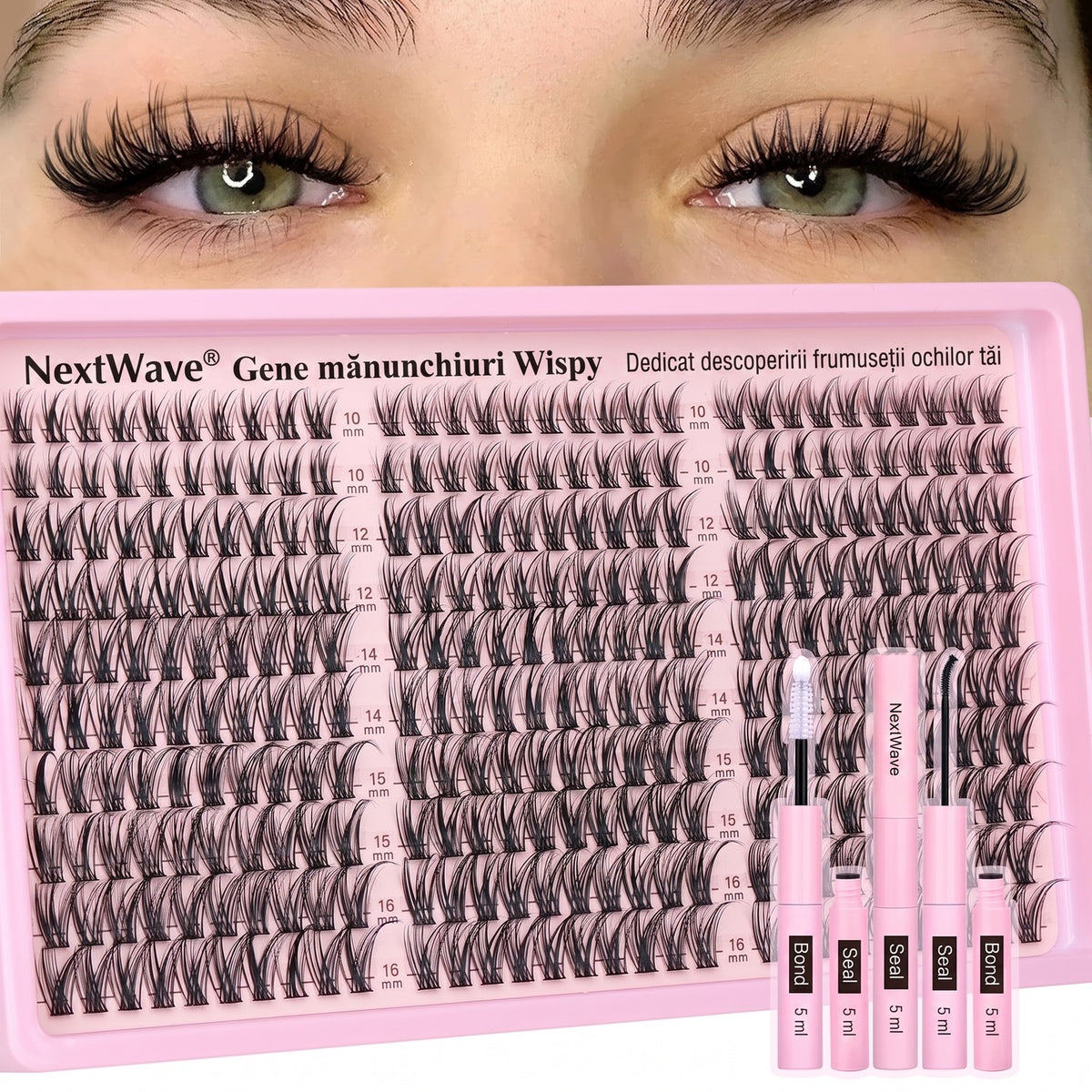 Kit extensii gene false tip manunchiuri NextWave®️, aspect natural Wispy cu efect 3D, adeziv Bond si Seal rezistent 3-7 zile, banda confortabila din bumbac, pentru machiaj zilnic DIY de salon, curbura C, mix 10-16 mm, negru, 300 buc