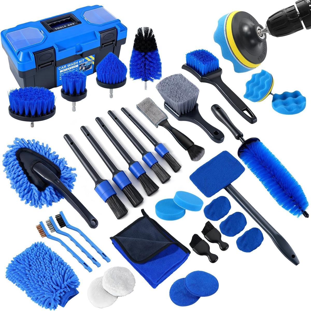 Set detailing auto NextWave®, 36 piese pentru curatare profesionala interior si exterior, perii pentru bormasina, jante, anvelope, bord, tapiterie si grile, lavete din microfibra, accesoriu pentru parbriz, manusa de spalare si cutie de depozitare