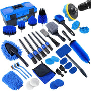 Set detailing auto NextWave®, 36 piese pentru curatare profesionala interior si exterior, perii pentru bormasina, jante, anvelope, bord, tapiterie si grile, lavete din microfibra, accesoriu pentru parbriz, manusa de spalare si cutie de depozitare