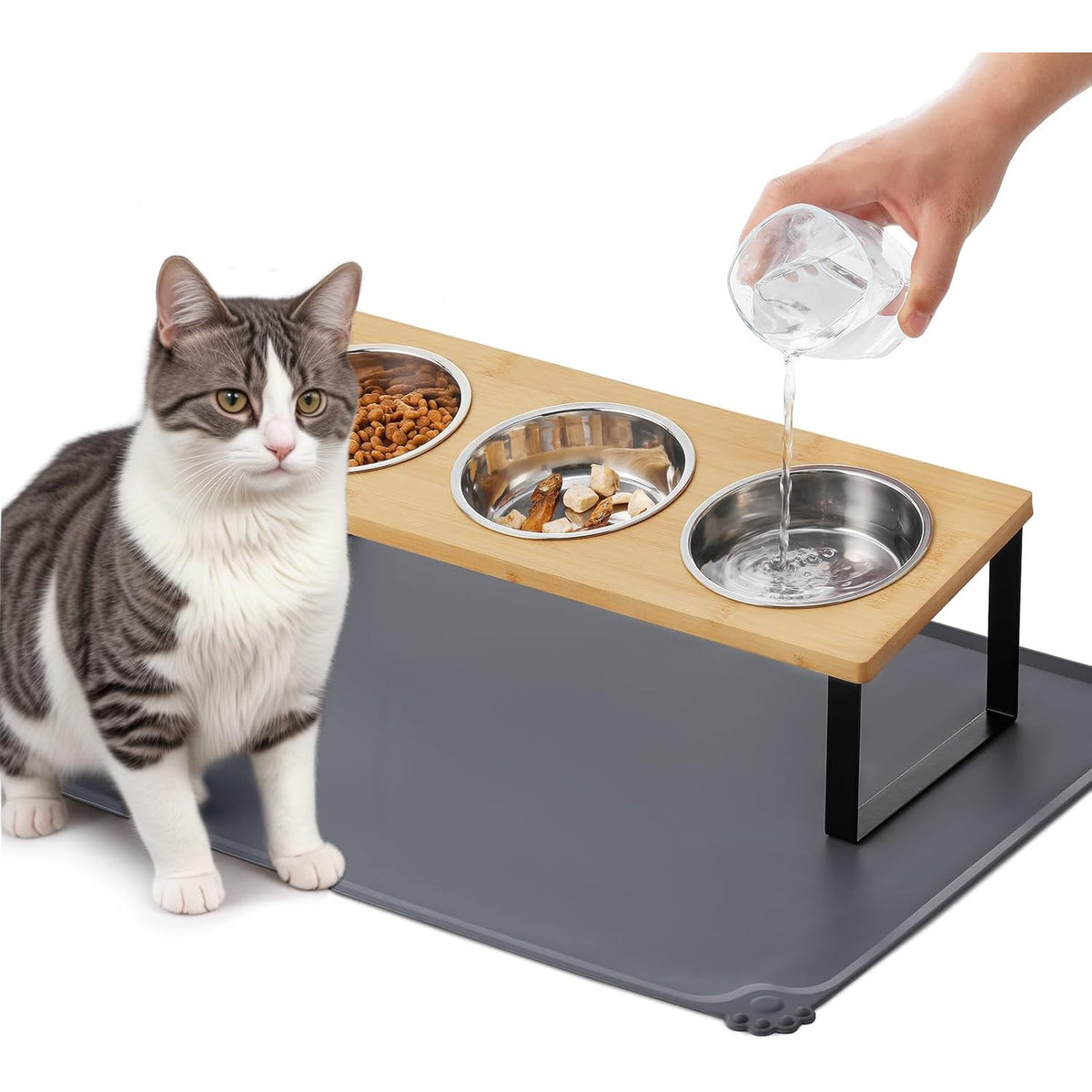 Set 3 boluri inaltate pentru pisici NextWave®️, suport inclinat la 15° anti-voma, 3 recipiente detasabile, din bambus, otel inoxidabil si silicon, pentru pisici si caini de talie mica, 3 x 350 ml, natur