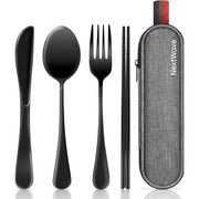 Set tacamuri de calatorie NextWave®, portabile si reutilizabile, fara zgomot la transport, cutit, furculita, lingura si betisoare antiderapante, din otel inoxidabil 18/8, pentru birou, camping si picnic, set 5 piese cu husa impermeabila, negru