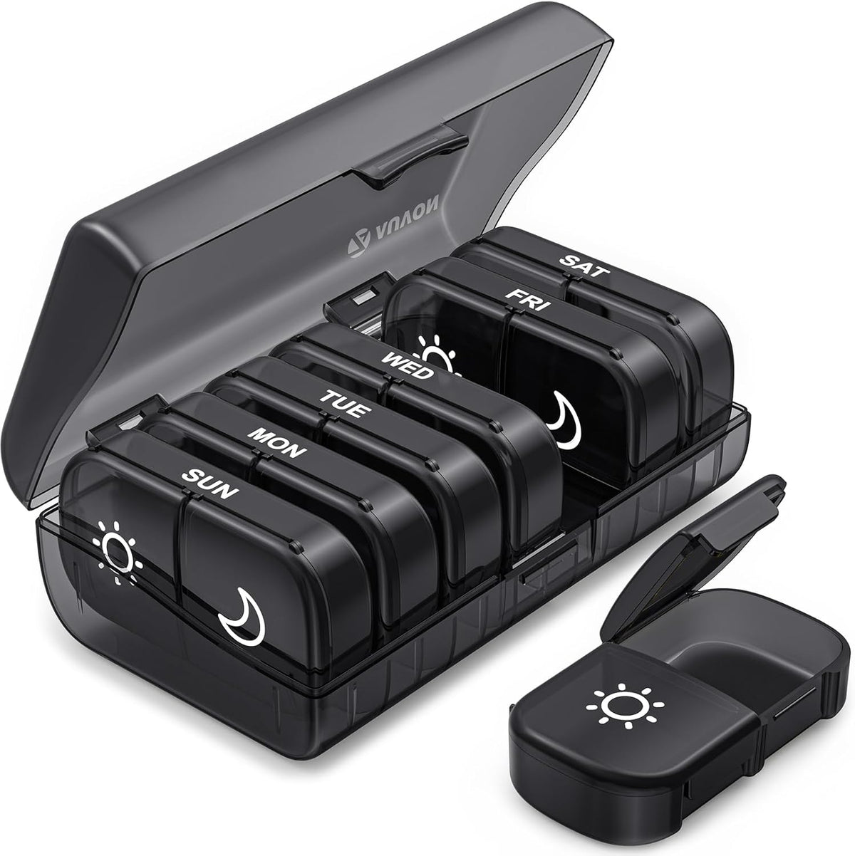 Organizator medicamente NextWave®, cutie saptamanala cu 7 recipiente detasabile si 14 compartimente AM/PM, deschidere la 180°, protectie pentru intimitate, capacitate mare pentru pastile, vitamine si suplimente, portabil