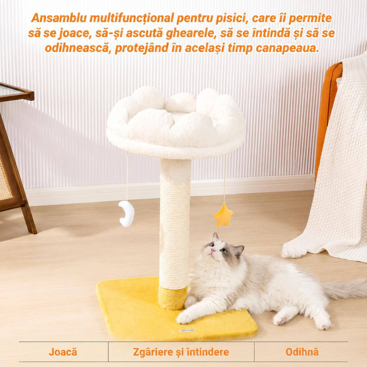 Ansamblu de joaca pentru pisici NextWave®, cu pat moale in forma de nor si husa detasabila lavabila, stalp gros de zgariat din sisal natural, baza patrata lata si stabila, jucarii suspendate, pentru pisici de toate taliile, 44 x 44 x 71 cm