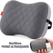 Perna gonflabila de camping NextWave®️, suport cervical ergonomic, supapa One-Click de umflare rapida, banda elastica anti-alunecare, husa detasabila si lavabila din bumbac, camera etansa TPU, pentru drumetii si calatorii, 44x31 cm, 159 g, Gri