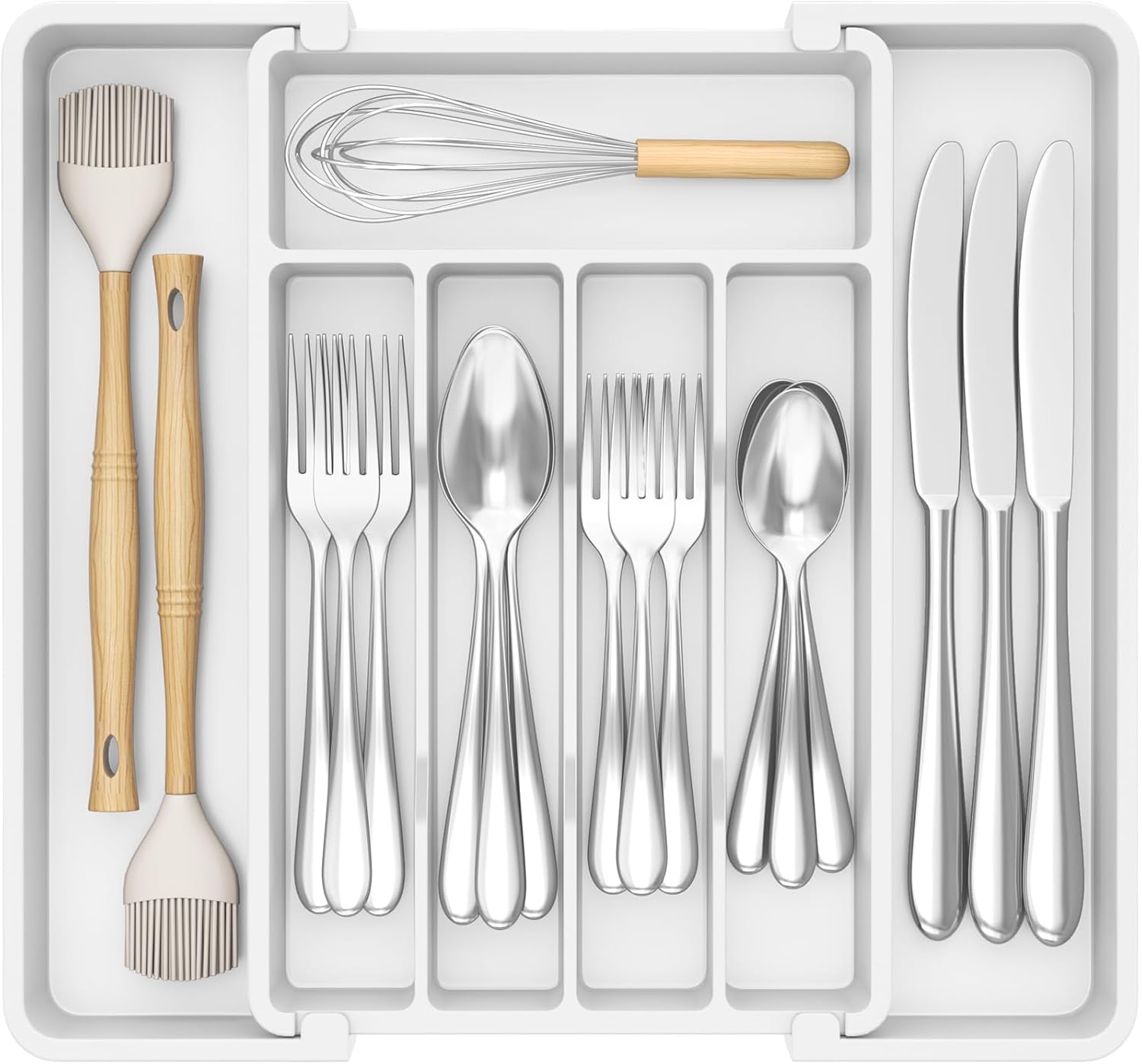 Organizator extensibil pentru tacamuri si ustensile de bucatarie NextWave® – suport sertar ajustabil 33–57 cm, cu 7–9 compartimente modulare, plastic rezistent BPA-free, design compact si practic pentru depozitare ordonata in bucatarie, Negru