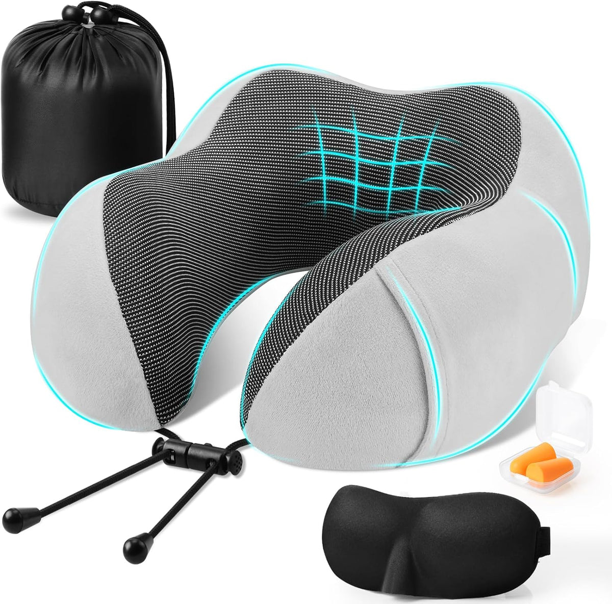Perna de calatorie pentru gat NextWave®, suport ergonomic 360° pentru cap si barbie, catarama reglabila, include masca de ochi, dopuri urechi si geanta, din spuma cu memorie si catifea respirabila, pentru avion, tren si masina