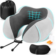 Perna de calatorie pentru gat NextWave®, suport ergonomic 360° pentru cap si barbie, catarama reglabila, include masca de ochi, dopuri urechi si geanta, din spuma cu memorie si catifea respirabila, pentru avion, tren si masina