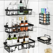 Raft de baie NextWave® la set, 5 piese cu 3 etajere pentru dus, 1 suport pentru sapun si 1 suport pentru periute de dinti, din otel inoxidabil rezistent la rugina, montare autoadeziva fara gaurire, pentru sampon si accesorii