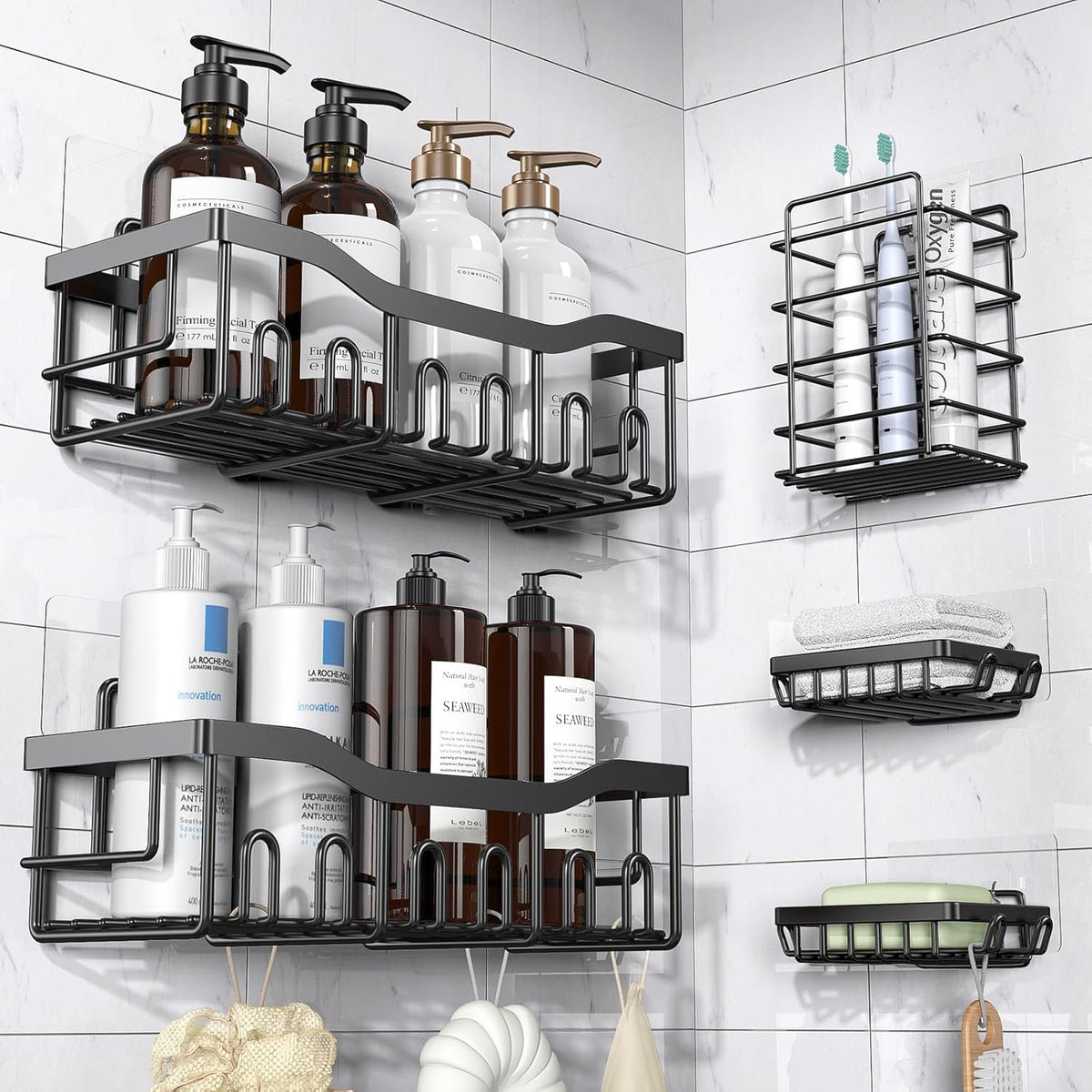 Raft de Baie NextWave® la set, 5 piese cu 2 rafturi pentru dus, 2 suporturi pentru sapun si 1 suport pentru periute, din otel inoxidabil SUS 304, montare autoadeziva fara gaurire, rezistente la rugina, negru