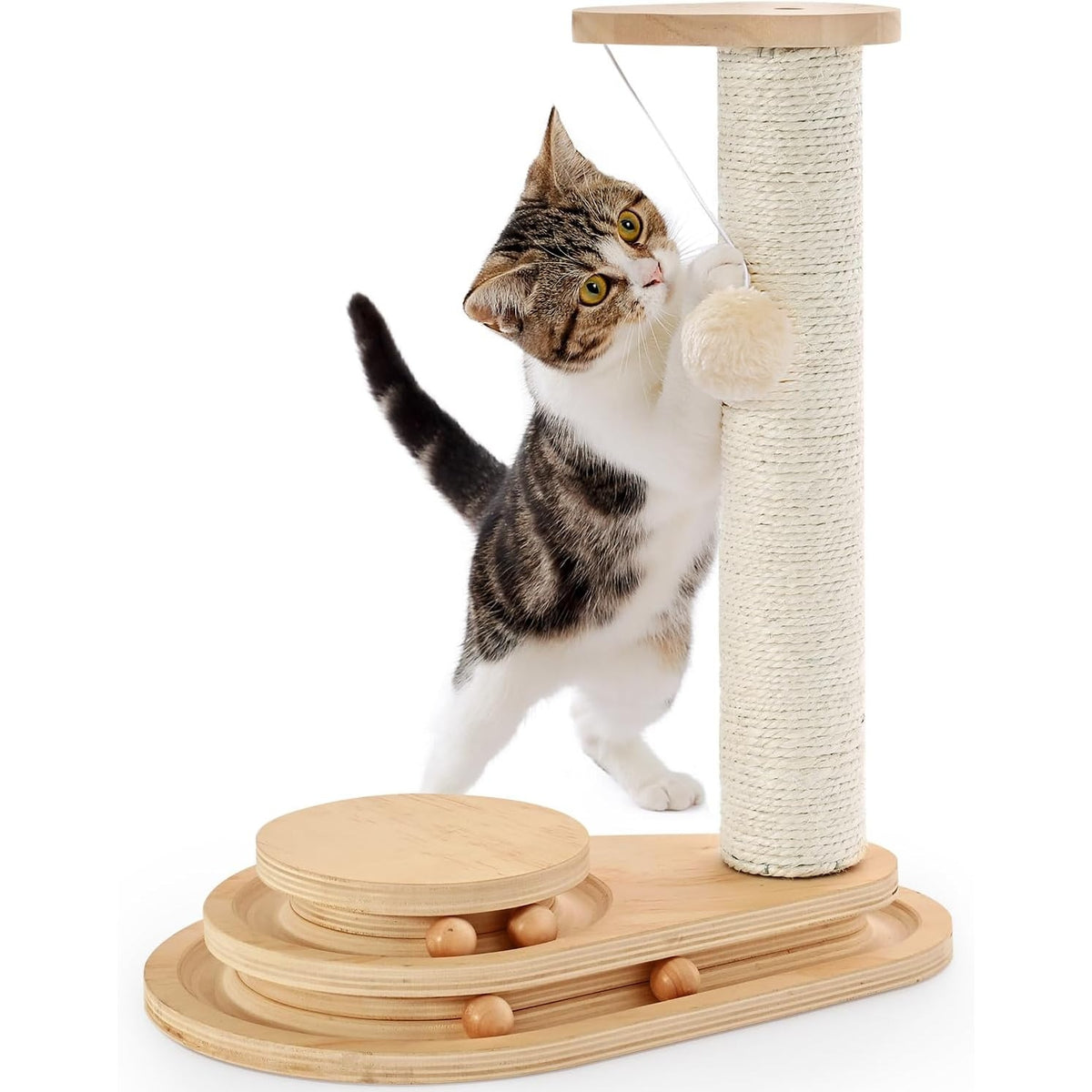 Stalp de zgariat pentru pisici NextWave®, cu sisal natural, baza interactiva stabila din placa pe baza de lemn, 4 mingi mobile si jucarie suspendata, pentru joaca si ingrijirea ghearelor, potrivit pentru pui si pisici mici, 38 x 25 x 45 cm, bej