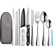 Set tacamuri de calatorie NextWave, reutilizabil si ecologic, husa din panza Oxford cu fermoar si benzi de fixare, include cutit friptura, recipiente condimente si pai, din otel inoxidabil, pentru camping, picnic si munca, set 10 piese, argintiu