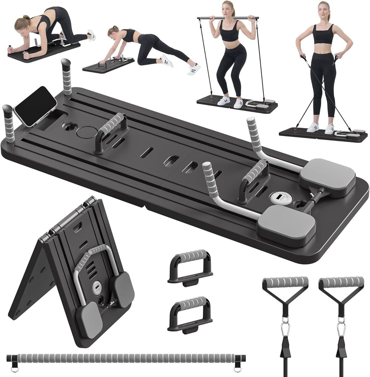 Placa Pilates Reformer 5 in 1 NextWave®️, aparat pliabil pentru antrenament complet si tonifierea corpului acasa, benzi elastice cu rezistenta reglabila, bara Pilates, manere pentru flotari, cronometru si suport telefon, polipropilena