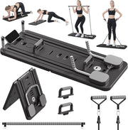Placa Pilates Reformer 5 in 1 NextWave®️, aparat pliabil pentru antrenament complet si tonifierea corpului acasa, benzi elastice cu rezistenta reglabila, bara Pilates, manere pentru flotari, cronometru si suport telefon, polipropilena