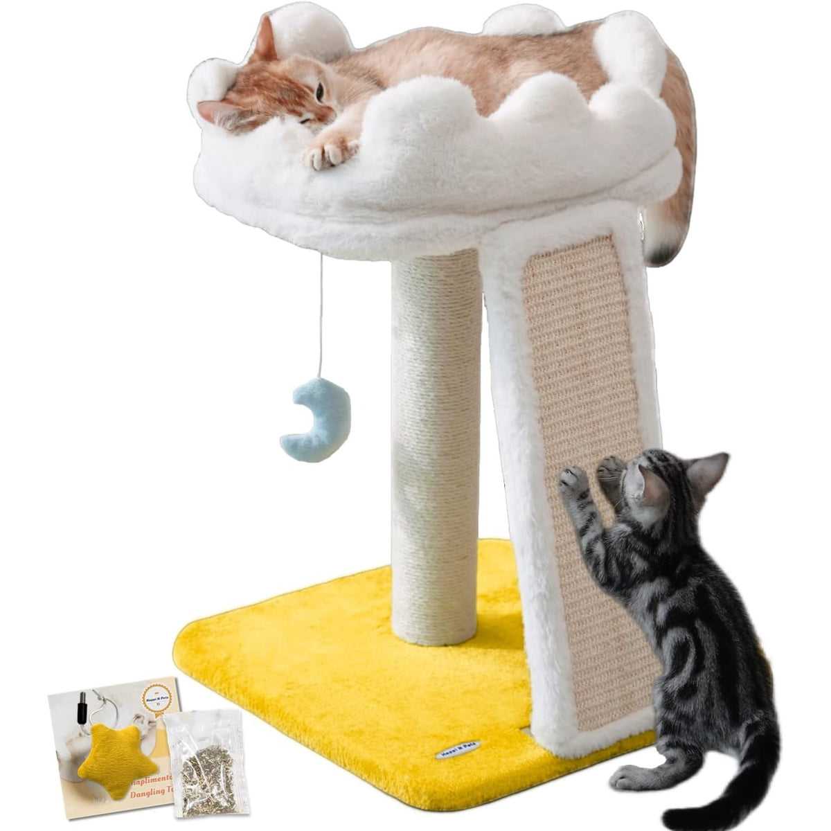 Ansamblu de joaca pentru pisici NextWave®, cu pat moale in forma de nor, platforma captusita, stalp si placa de zgariat din sisal natural, baza lata si stabila, jucarii suspendate in forma de stea si luna, 40 x 40 x 56 cm, alb