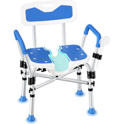 Scaun de dus NextWave®, reglabil pe inaltime, cu spatar, cotiere si sezut moale captusit cu EVA, scaun de baie pentru varstnici si persoane cu mobilitate redusa, cadru din aluminiu, picioare antiderapante, capacitate 227 kg, albastru