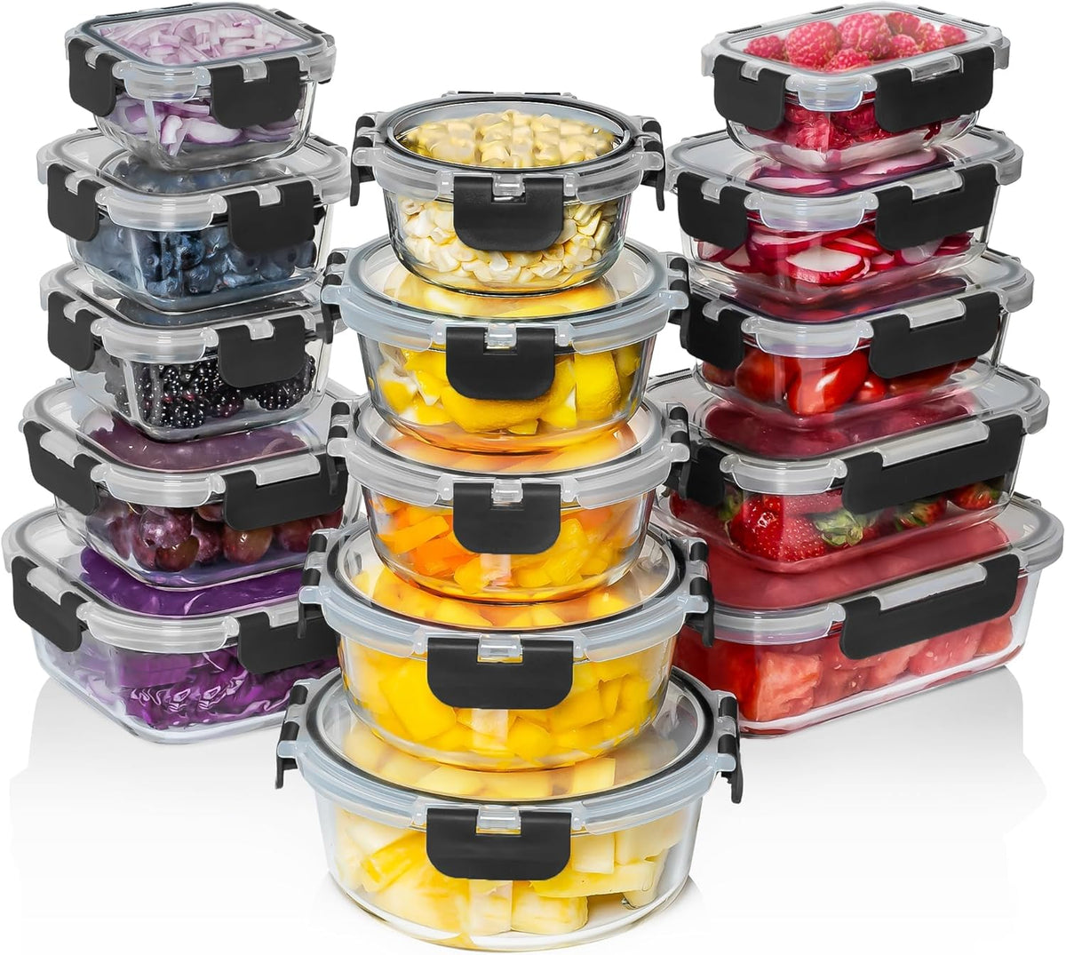 Set 15 Caserole Alimentare din sticla NextWave®️ Capace Etanse, Depozitare Frigider si Congelator, Potrivite pentru Microunde, Fara BPA, Organizare Bucatarie, Inchidere cu 4 Clipsuri, Usor de Curatat, Transparent