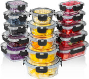 Set 15 Caserole Alimentare din sticla NextWave®️ Capace Etanse, Depozitare Frigider si Congelator, Potrivite pentru Microunde, Fara BPA, Organizare Bucatarie, Inchidere cu 4 Clipsuri, Usor de Curatat, Transparent
