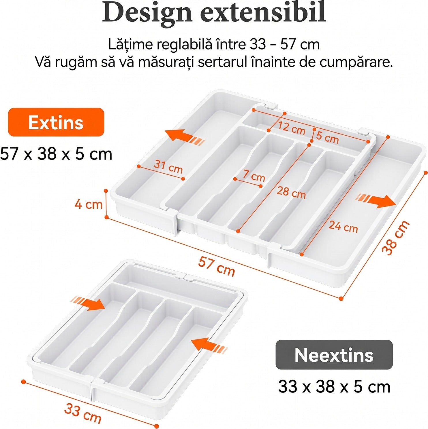 Organizator extensibil pentru tacamuri si ustensile de bucatarie NextWave® – suport sertar ajustabil 33–57 cm, cu 7–9 compartimente modulare, plastic rezistent BPA-free, design compact si practic pentru depozitare ordonata in bucatarie, Negru