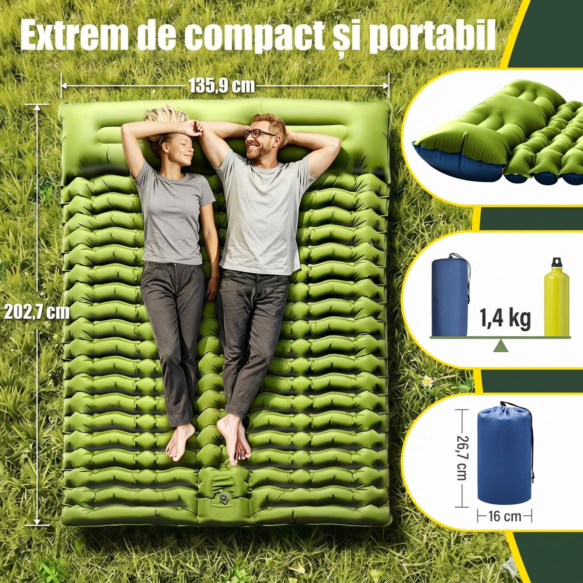 Saltea gonflabila de camping dubla NextWave®️, pompa de picior integrata pentru umflare rapida, perne incorporate, celule de aer ergonomice, din nailon 40D cu TPU, pentru 2 persoane, cort, drumetii si calatorii, 202, 7 x 135, 9 x 10, 2 cm, Verde