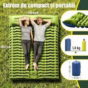 Saltea gonflabila de camping dubla NextWave®️, pompa de picior integrata pentru umflare rapida, perne incorporate, celule de aer ergonomice, din nailon 40D cu TPU, pentru 2 persoane, cort, drumetii si calatorii, 202, 7 x 135, 9 x 10, 2 cm, Verde