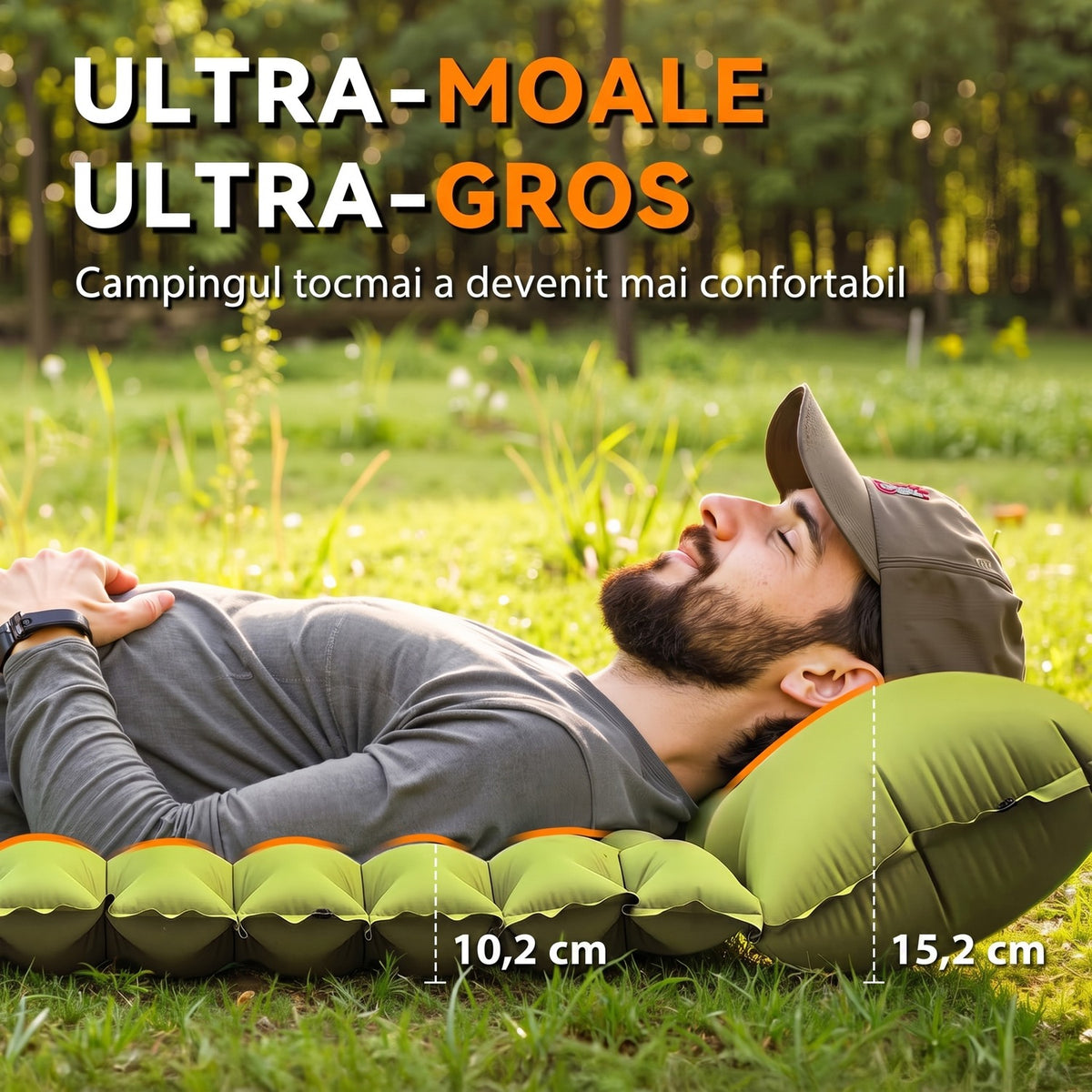 Saltea gonflabila camping NextWave®️, suport confortabil cu perna integrata, pompa de picior pentru umflare rapida in 50 secunde, capse laterale de unire, din nailon 40D impermeabil cu TPU, pentru cort si drumetii, 1 persoana, 0, 7 kg