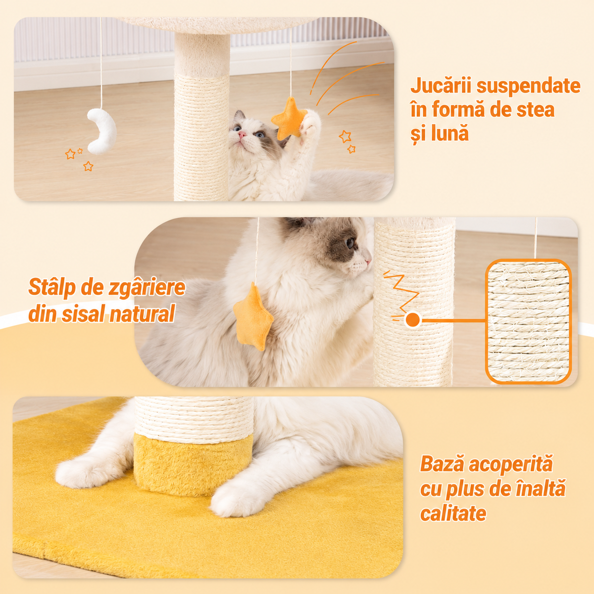 Ansamblu de joaca pentru pisici NextWave®, cu pat moale in forma de nor si husa detasabila lavabila, stalp gros de zgariat din sisal natural, baza patrata lata si stabila, jucarii suspendate, pentru pisici de toate taliile, 44 x 44 x 71 cm