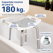 Scaun de dus NextWave® pentru baie si cada, reglabil pe inaltime, cadru rezistent din aluminiu, sezut confortabil, picioare antiderapante cu ventuze, suport pentru para de dus, destinat varstnicilor si persoanelor cu mobilitate redusa, gri