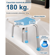 Scaun de dus NextWave® pentru baie si cada, reglabil pe inaltime, cadru rezistent din aluminiu, sezut confortabil, picioare antiderapante cu ventuze, suport pentru para de dus, destinat varstnicilor si persoanelor cu mobilitate redusa, albastru
