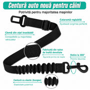 Centura auto NextWave® pentru siguranta cainilor, reglabila 61-79 cm, chinga din nailon rezistent cu cusaturi ranforsate, amortizor elastic, carabina rotativa 360°, fixare rapida in catarama centurii, compatibila cu hamuri prevazute cu inel, negru