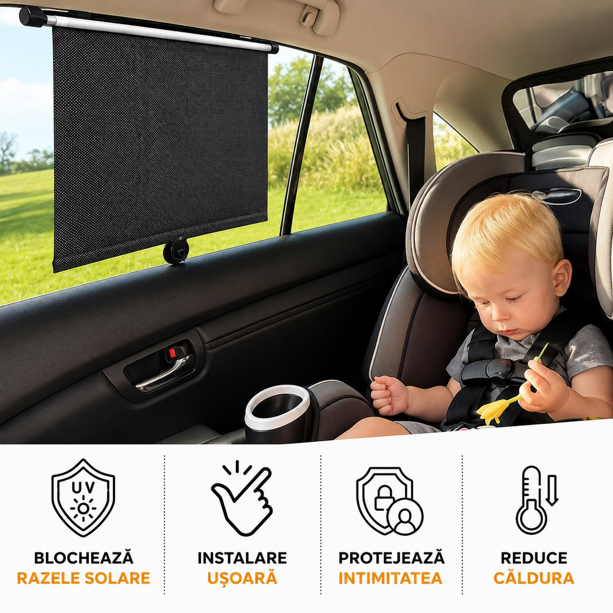 Set 2 parasolare auto retractabile NextWave®, pentru geamuri laterale, blocheaza razele solare, reduc caldura si sporesc intimitatea, instalare rapida cu ventuze, material perforat, compatibile cu majoritatea autoturismelor, negru