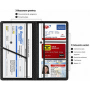 Organizator documente auto NextWave®, pentru talon, asigurare, permis si carduri, 6 compartimente cu ferestre transparente, inchidere magnetica ascunsa, design compact din piele ecologica, finisaj negru cu aspect de fibra de carbon, 23,9 x 12,7 cm