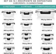 Set 15 Caserole Alimentare din sticla NextWave®️ Capace Etanse, Depozitare Frigider si Congelator, Potrivite pentru Microunde, Fara BPA, Organizare Bucatarie, Inchidere cu 4 Clipsuri, Usor de Curatat, Transparent