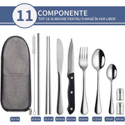 Set tacamuri de calatorie NextWave, reutilizabil si ecologic, husa din panza Oxford cu fermoar si benzi de fixare, include cutit friptura, recipiente condimente si pai, din otel inoxidabil, pentru camping, picnic si munca, set 10 piese, argintiu
