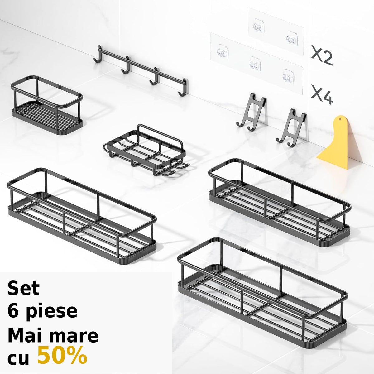 Raft de baie NextWave® la set, 5 piese cu 3 etajere pentru dus, 1 suport pentru sapun si 1 suport pentru periute de dinti, din otel inoxidabil rezistent la rugina, montare autoadeziva fara gaurire, pentru sampon si accesorii, negru