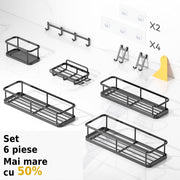 Raft de baie NextWave® la set, 5 piese cu 3 etajere pentru dus, 1 suport pentru sapun si 1 suport pentru periute de dinti, din otel inoxidabil rezistent la rugina, montare autoadeziva fara gaurire, pentru sampon si accesorii, negru