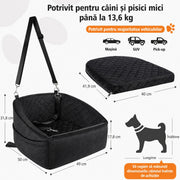 Scaun auto pentru caini NextWave®, detasabil si lavabil, pentru animale de pana la 13,6 kg, cu centura de siguranta, curele de fixare, umplutura din burete, suprafata moale si buzunare laterale, pentru bancheta fata sau spate, negru, 50 x 49 x 32 cm