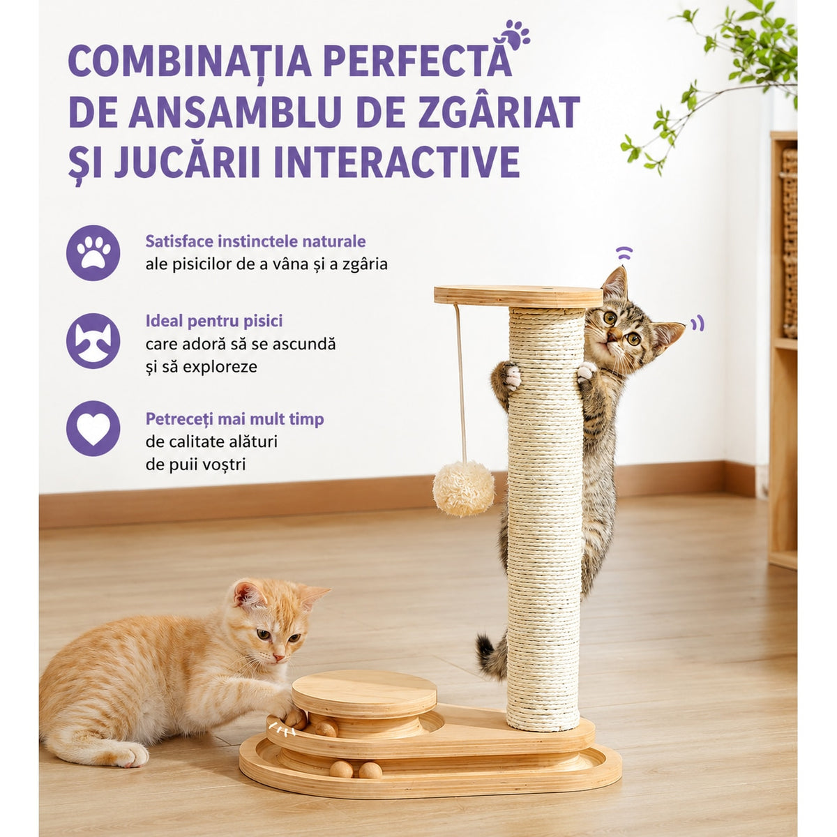Stalp de zgariat pentru pisici NextWave®, cu sisal natural, baza interactiva stabila din placa pe baza de lemn, 4 mingi mobile si jucarie suspendata, pentru joaca si ingrijirea ghearelor, potrivit pentru pui si pisici mici, 38 x 25 x 45 cm, bej