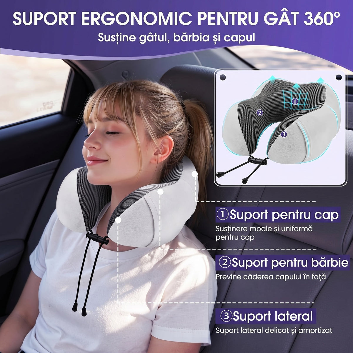 Perna de calatorie pentru gat NextWave®, suport ergonomic 360° pentru cap si barbie, catarama reglabila, include masca de ochi, dopuri urechi si geanta, din spuma cu memorie si catifea respirabila, pentru avion, tren si masina